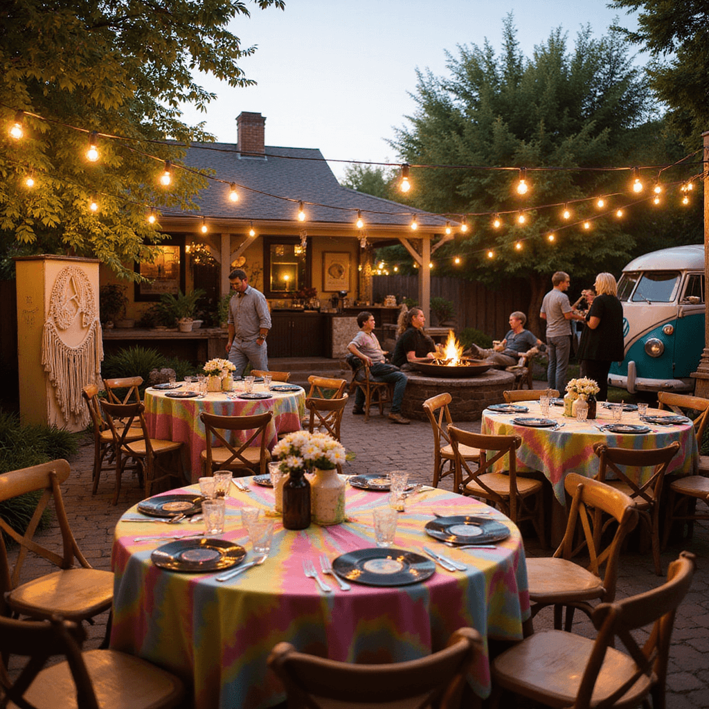 A vibrant 1960s-themed backyard celebration at golden hour, featuring cozy patio seating with Edison bulbs, tie-dye table linens, daisies in milk bottles, vinyl record placemats, a macramé-draped photo booth, and a vintage VW van bar, with guests in retro fashion mingling around a fire pit.