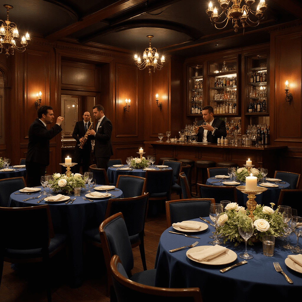 An elegant jazz soirée in a dimly lit supper club, featuring round tables with deep blue velvet, gold candelabras, white roses, and eucalyptus. A jazz quartet performs on stage under soft lights, while guests in cocktail attire enjoy drinks from coupe glasses, illuminated by candlelight. A close-up of a table setting highlights intricate details amidst a moody atmosphere.