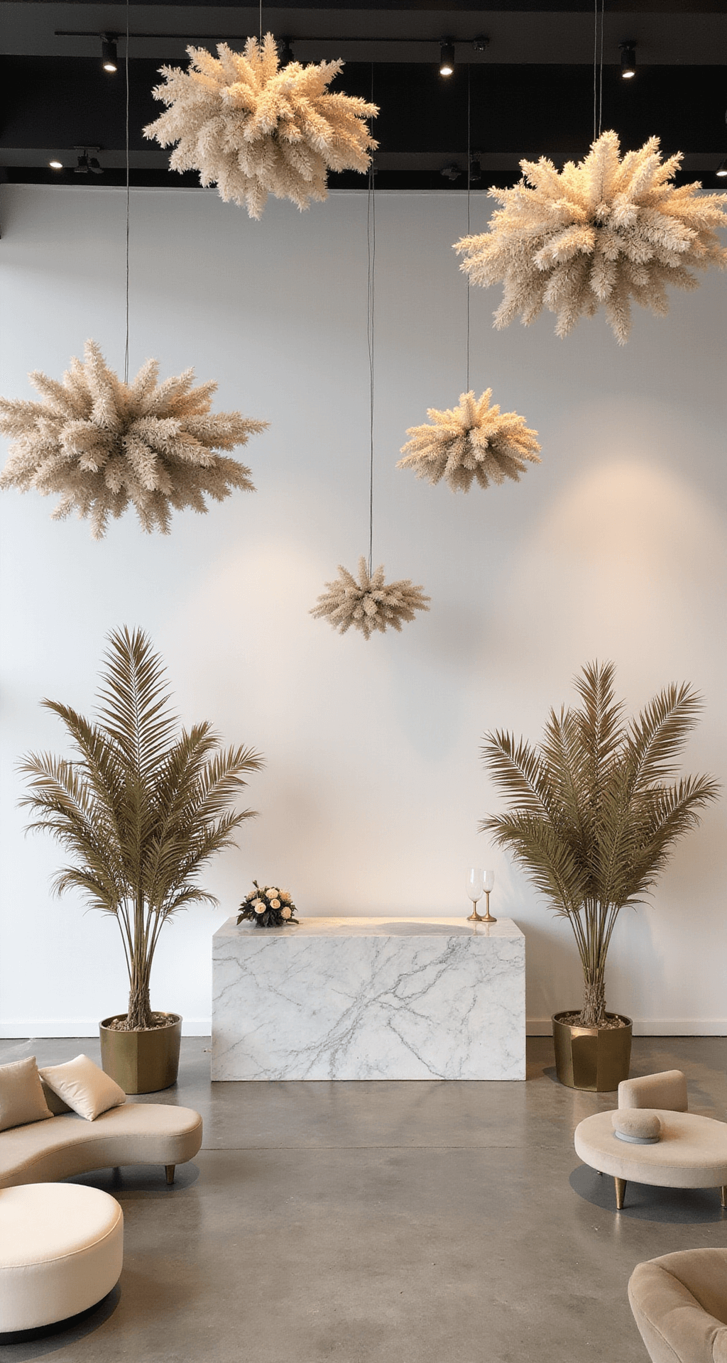 A modern minimalist celebration in a white-walled venue featuring suspended dried flower installations in neutral tones, cream and taupe furnishings, brass geometric accents, and dramatic lighting highlighting a marble bar with palm installations.