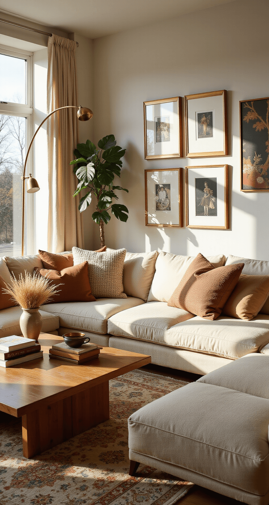 A contemporary living room bathed in golden hour light, featuring a cream L-shaped sofa with earthy throw pillows, a vintage Persian rug, a solid wood coffee table with art books and pampas grass, a brass floor lamp, and a gallery wall of family photos, with a fiddle leaf fig plant in the corner.