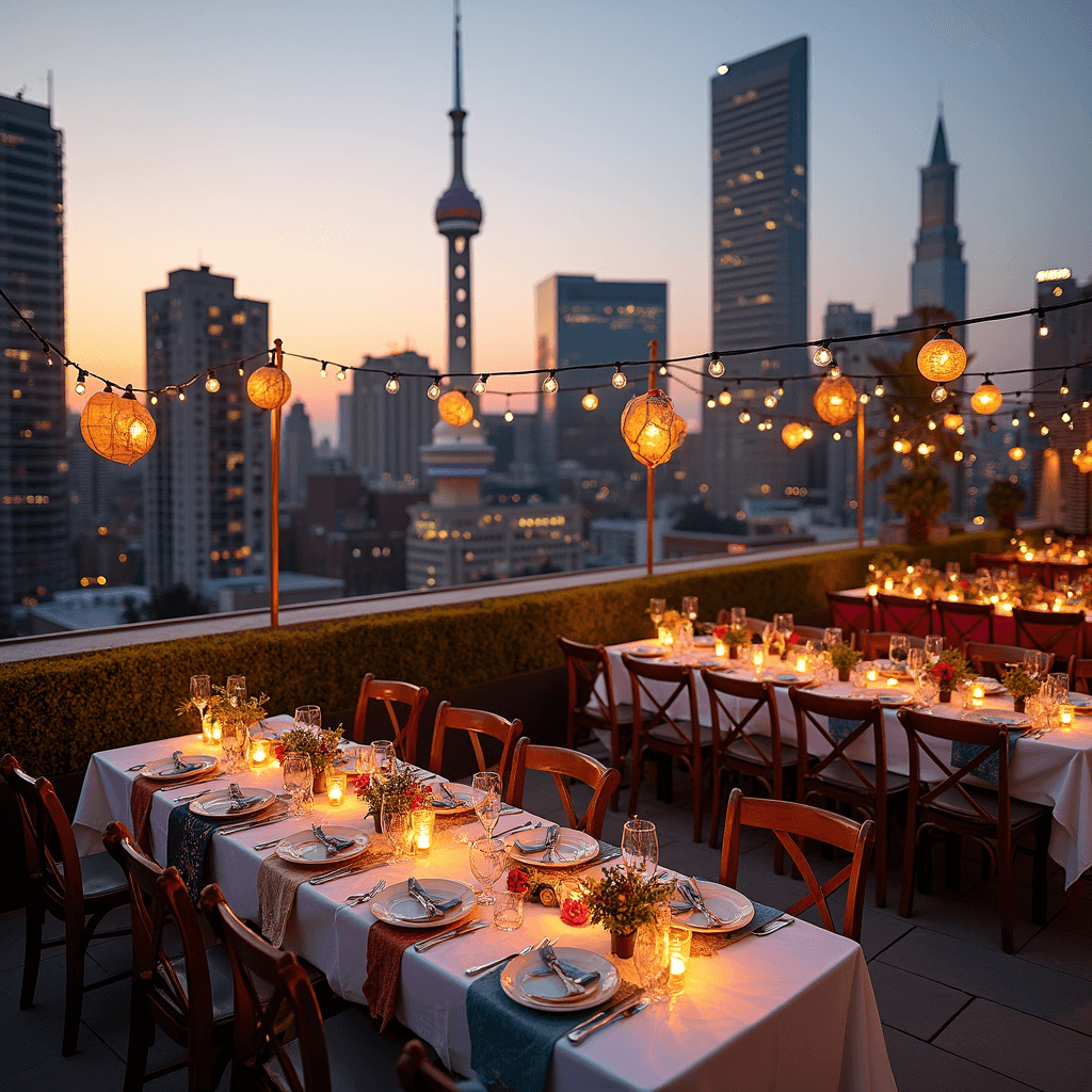 A rooftop terrace celebration features long tables adorned with vibrant textiles, miniature flags, and international cuisine centerpieces, set against a stunning city skyline. A world map guest book with destination pins adds to the theme, while string lights and paper lanterns create a magical ambiance at sunset. A dessert cart showcases global treats, captured from an overhead drone shot highlighting the diverse elements of the event.
