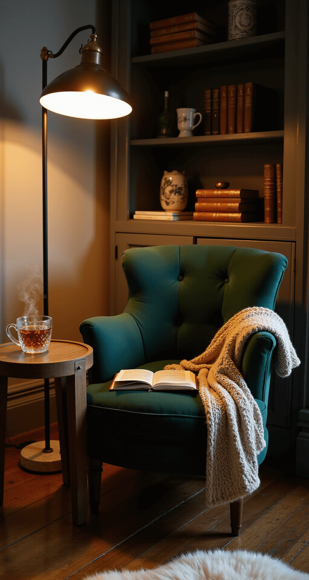 A cozy reading nook featuring a deep green velvet armchair draped with a chunky oatmeal knit throw, illuminated by a warm floor lamp. A built-in bookshelf filled with leather-bound books and personal mementos serves as the backdrop, while a crystal table lamp gently lights a side table with a steaming cup of tea and a well-worn novel, all atop a textured sheepskin rug.