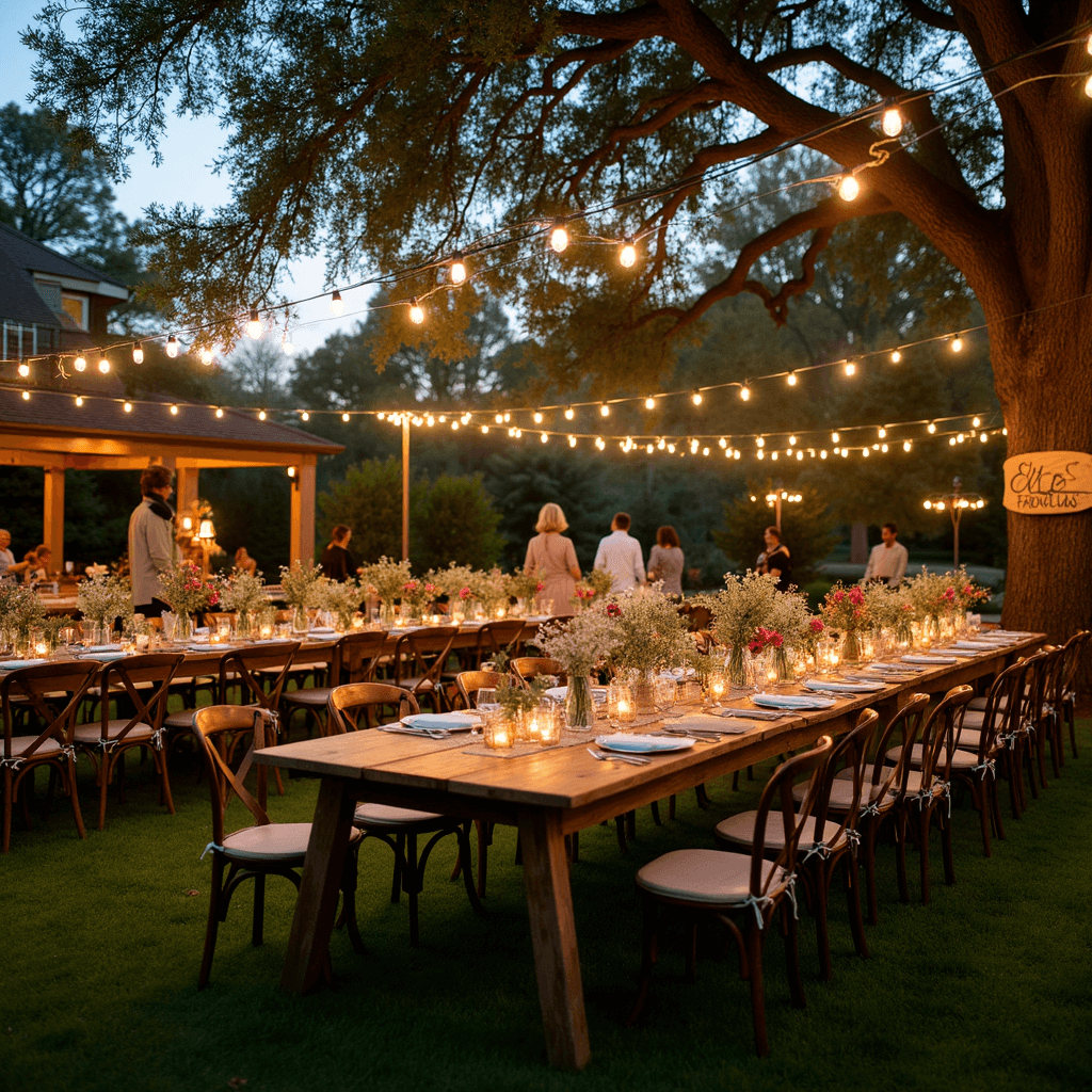 A stylish backyard BBQ party at dusk featuring vintage farm tables with mismatched chairs, fairy lights, wildflower centerpieces in mason jars, a '60 & Fabulous' sign, lawn games, a gourmet food truck, and guests in smart-casual attire relaxing around fire pits.
