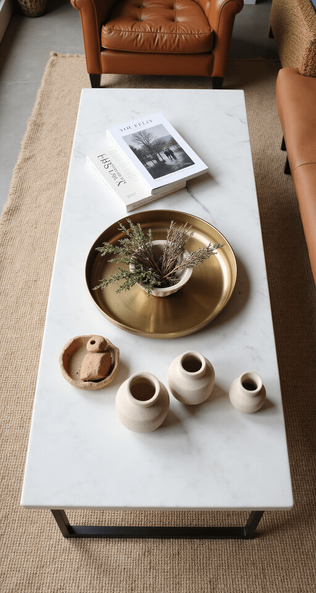 Overhead view of a stylish marble coffee table vignette in soft morning light, featuring a vintage brass tray with art books, a handmade ceramic bowl filled with dried botanicals, and hand-thrown pottery. The surrounding area includes a tufted leather ottoman and a woven rattan chair, all set on a natural jute rug.