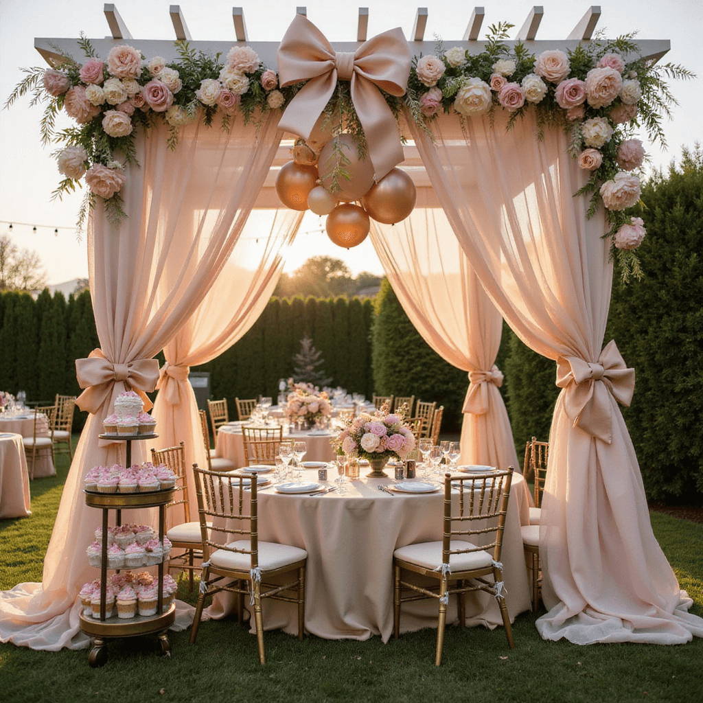 A whimsical garden party scene at golden hour with a white pergola draped in blush fabric, adorned with pastel balloons and silk bows, surrounded by elegantly set tables with peony and rose centerpieces, gilt chairs, and twinkling fairy lights, featuring a dessert cart filled with bow-topped cupcakes and a fondant-wrapped tiered cake.