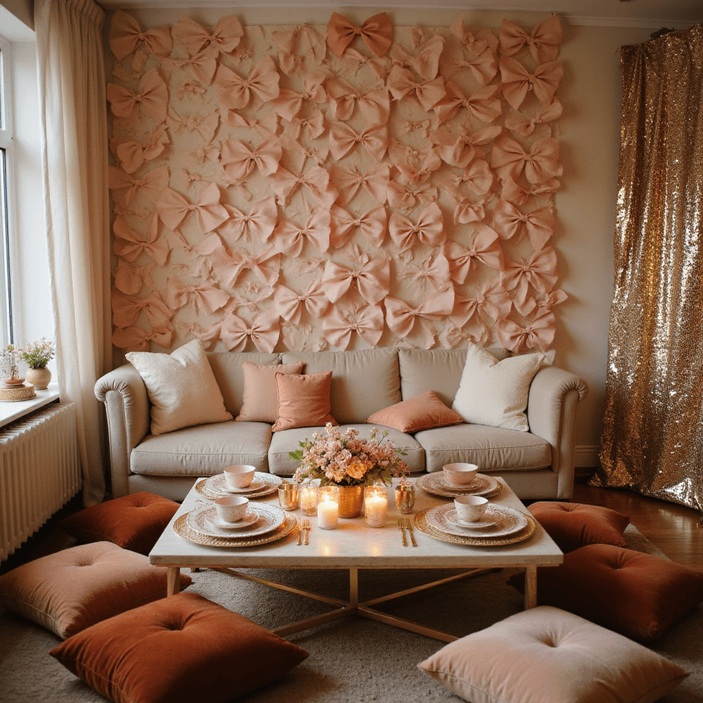 An intimate indoor celebration in a cozy living room, transformed into a bow lover's dream with walls adorned in handcrafted paper bows in blush, cream, and gold. A low table with bow-patterned china and metallic accents is surrounded by plush velvet floor cushions, while candles in bow-wrapped holders cast a warm glow. A DIY bow-making station and a photo booth backdrop with oversized metallic bows complete the scene.