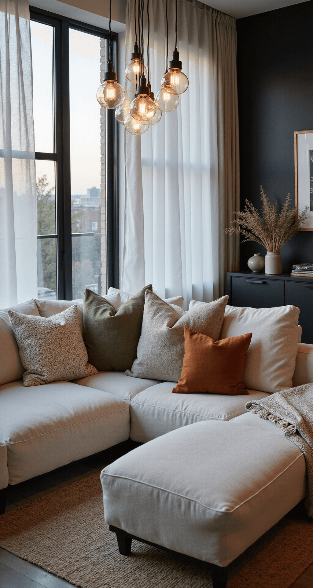 Cinematic wide shot of a stylish open-concept living space at dusk, featuring a large white linen sectional with textured throw pillows in sage, cream, and rust, modern black metal windows with sheer white curtains, clustered pendant lights above, and a minimalist black entertainment unit with curated decor and family photographs.