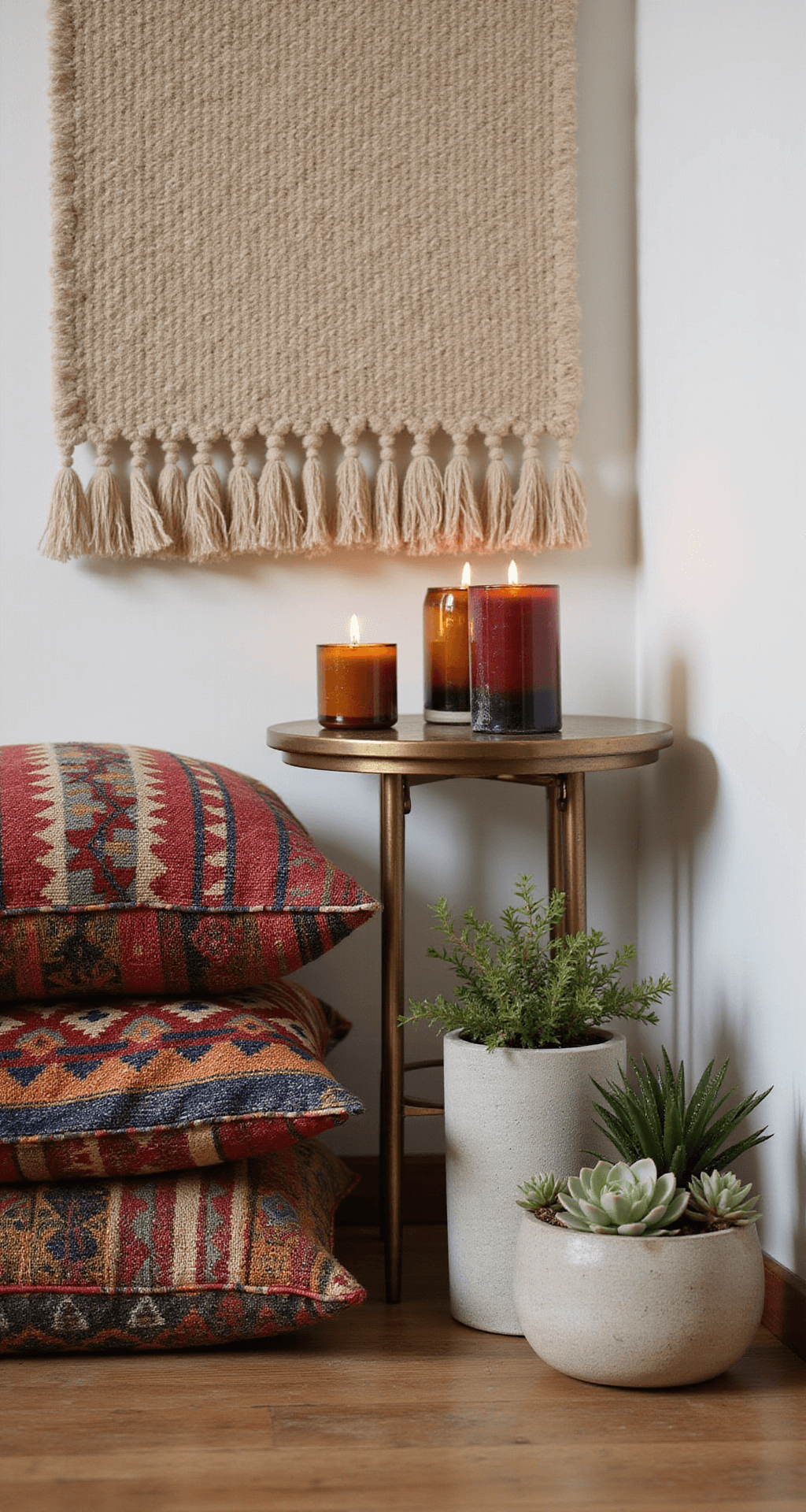 A cozy corner featuring vintage kilim floor cushions in rich jewel tones, stacked beside a low-profile leather lounger. A handwoven wall hanging in neutral fibers serves as a backdrop, while a Moroccan brass side table holds flickering candles in colored glass holders. Potted succulents and air plants in varying concrete planters add vibrancy to the scene.