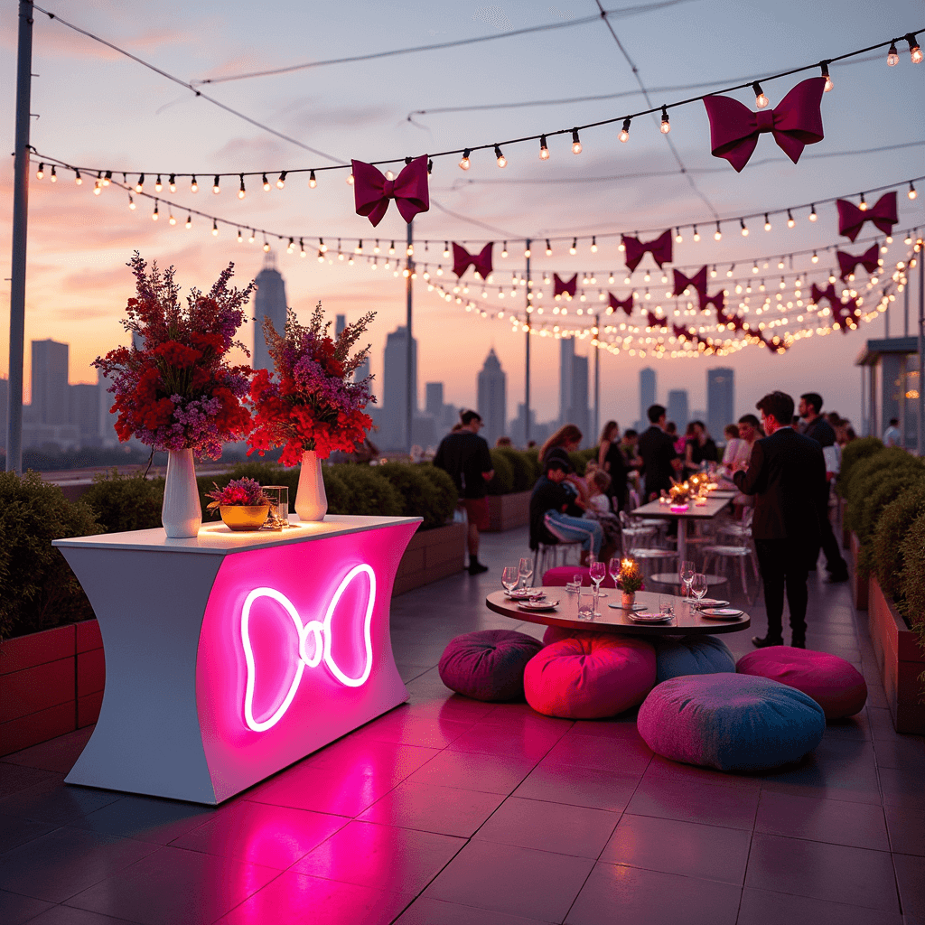A stylish rooftop soirée at sunset featuring sleek white high-top tables with bold primary color bow arrangements, a neon bow sign over a statement bar, guests mingling around lucite chairs with bow-shaped pillows, and a magical atmosphere with string lights and suspended bow sculptures.
