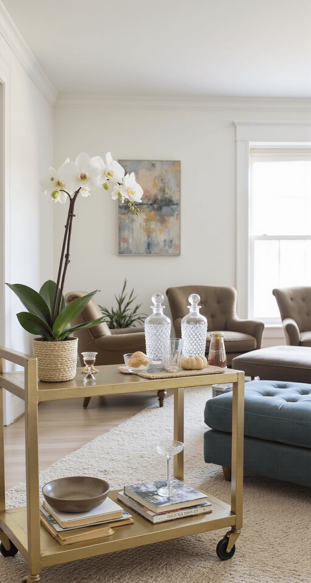 A stylish living room bar cart featuring a gold frame, crystal decanters, vintage glassware, and botanical cocktail ingredients, accented by a tall white orchid. Coffee table books are arranged for an elevated display, with a cozy conversation area of paired swivel chairs in performance velvet and an abstract art piece in complementary colors hanging above.