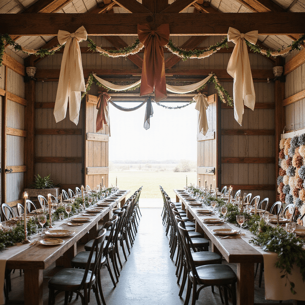 A rustic barn celebration bathed in soft morning light, featuring long farmhouse tables with mismatched vintage chairs, floral china, and copper flatware. Eucalyptus and wildflower garlands adorn the tables, while oversized fabric bows hang from wooden beams. A bow-themed photo booth showcases a backdrop of reclaimed wood planks adorned with fabric bows in terracotta, sage, and cream.
