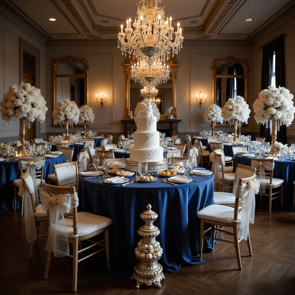 An elegant ballroom setting with dramatic lighting, featuring tables draped in midnight blue silk, gold Chiavari chairs adorned with tulle bows, a grand dessert table with a multi-tiered white cake, and a champagne tower wrapped in silk bows, all surrounded by ornate gold-framed mirrors reflecting the ambiance.