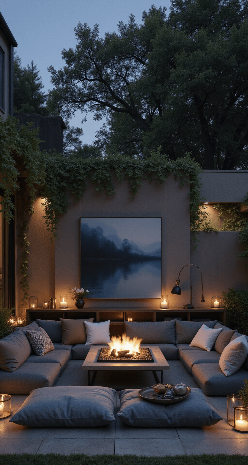 Moody evening scene featuring a charcoal bouclé conversation pit with low-profile modular seating, oversized textured floor cushions, an arc floor lamp, scattered brass candleholders, a large abstract canvas in deep blues and greys, and trailing plants softening built-in shelving.