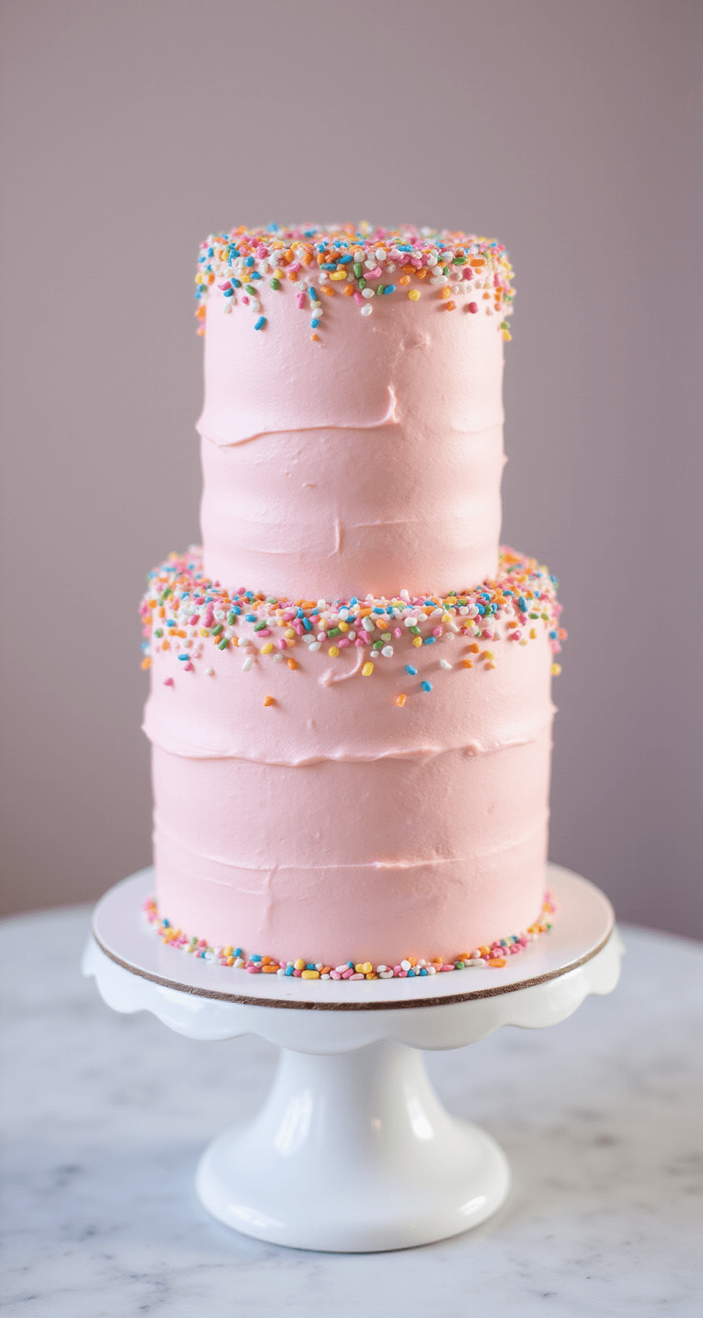 A three-layer pink birthday cake on a white ceramic stand, decorated with smooth buttercream frosting and rainbow sprinkles, showcased against a soft-focus background.