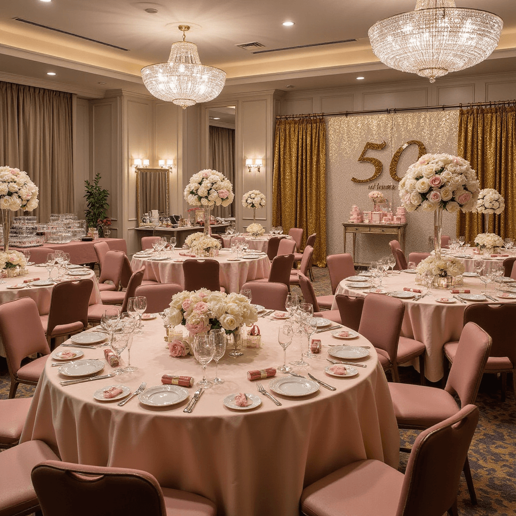 A lavish 'Fifty and Fabulous' celebration in an elegant ballroom with blush pink silk tables, towering floral centerpieces, a professional makeup station, champagne being served, a glamorous photo backdrop, and luxurious party favors at each place setting.