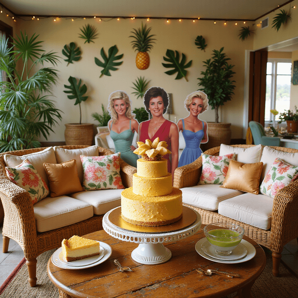 A vibrant 'Golden Girls Tribute Party' in a sun-drenched Florida-inspired living room featuring wicker furniture, tropical cushions, palm leaf decor, fairy lights, a dessert table with cheesecakes, colorful cocktails, and life-sized cardboard cutouts of the Golden Girls characters.