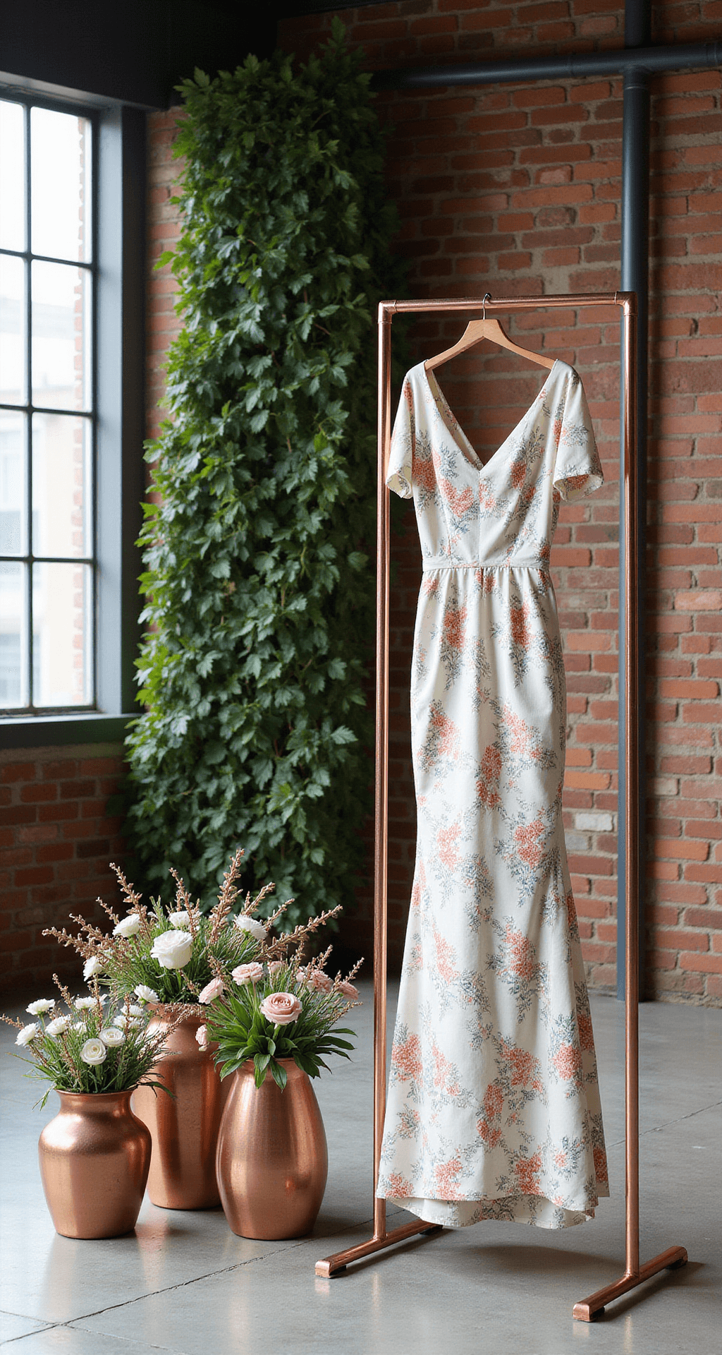 Blooming in Beauty: The Ultimate Guide to Floral Wedding Dresses Modern industrial loft showcasing a floral wedding gown on a copper rack, surrounded by greenery and contemporary floral arrangements, with geometric shadows from factory windows on concrete floors.