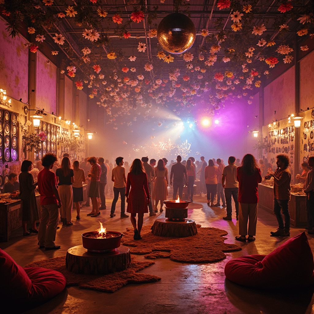 A vibrant 'Retro 70s Throwback' party in a colorful warehouse, featuring a disco ball, flower power decorations, guests in bell-bottoms, a DJ booth with vinyl records, and cozy seating areas with beanbag chairs and shag rugs.