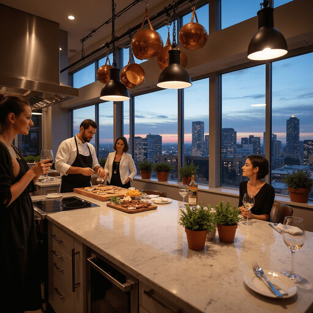 An elegant culinary celebration in a modern kitchen with a city skyline view at dusk, featuring a private chef demonstrating gourmet techniques to guests in cocktail attire, a charcuterie board, soft pendant lighting, and a beautifully set dining table.