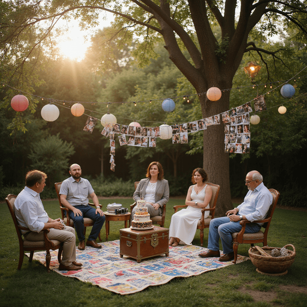A whimsical backyard gathering at golden hour, featuring fairy lights and paper lanterns, mismatched vintage chairs, a low table with a patchwork quilt, and an ornate wooden time capsule. Guests engage with Polaroid cameras and colorful message papers, while a clothesline displays nostalgic photos. A tiered birthday cake adorned with edible images sits on an antique stand, encapsulating warmth and shared memories.