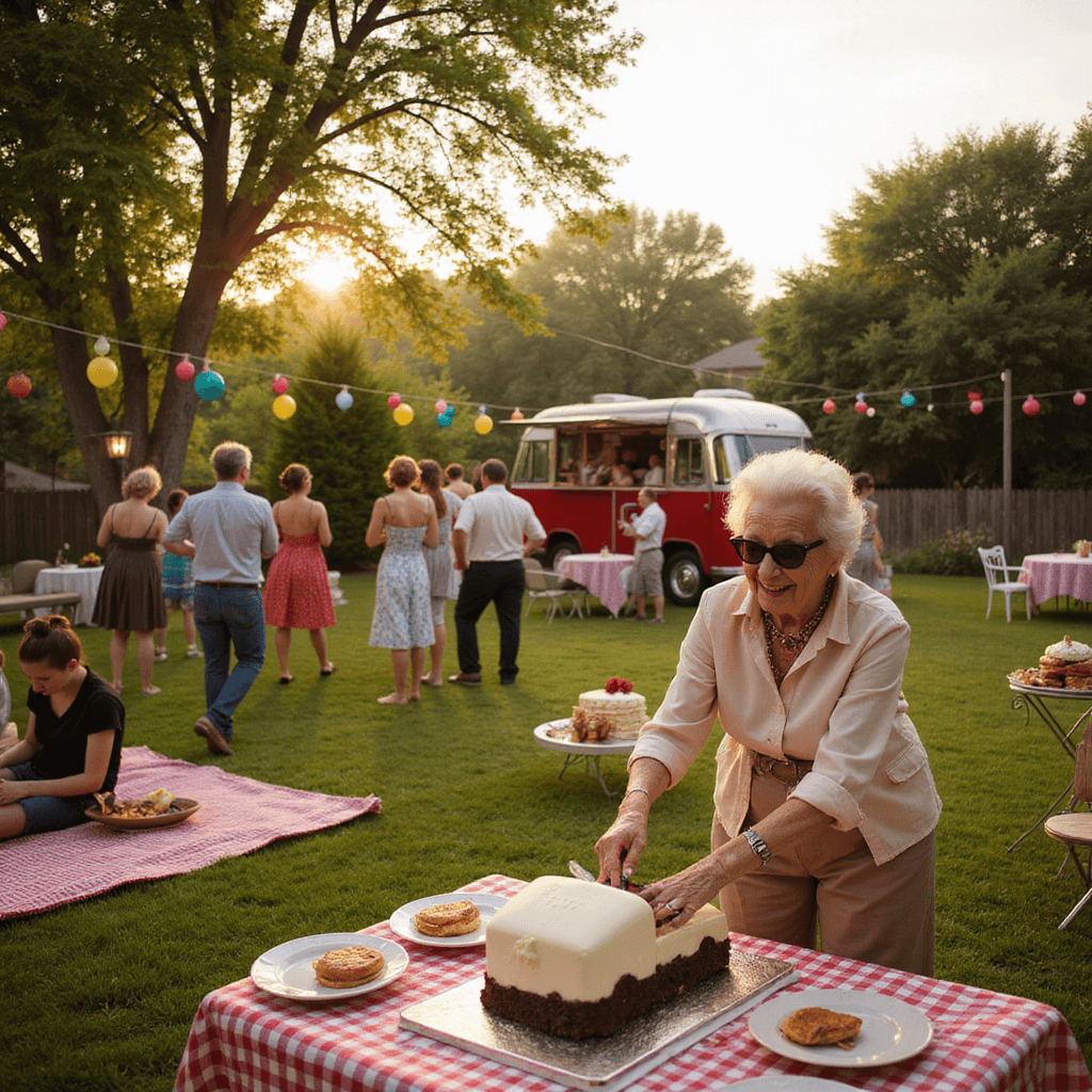 A vibrant 1950s-themed garden party for a 90th birthday celebration featuring checkered picnic blankets, vintage lawn chairs, and colorful balloons, with a chrome food truck serving milkshakes and burgers. Guests dressed in poodle skirts and rolled-up jeans dance beside a retro jukebox, while string lights illuminate the scene as a smiling nonagenarian in cat-eye glasses cuts a classic car-shaped cake.