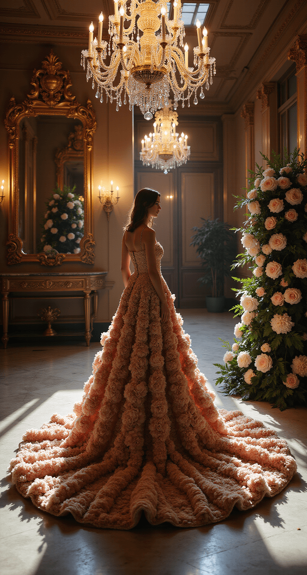 Blooming in Beauty: The Ultimate Guide to Floral Wedding Dresses A model showcases a Marchesa couture floral gown in a grand ballroom, with dramatic uplighting enhancing the gown's 3D floral details. The scene features soaring ceilings, crystal chandeliers, polished marble floors, ornate gold mirrors, and large floral installations, all enveloped in a moody atmosphere focused on the gown's intricate craftsmanship.