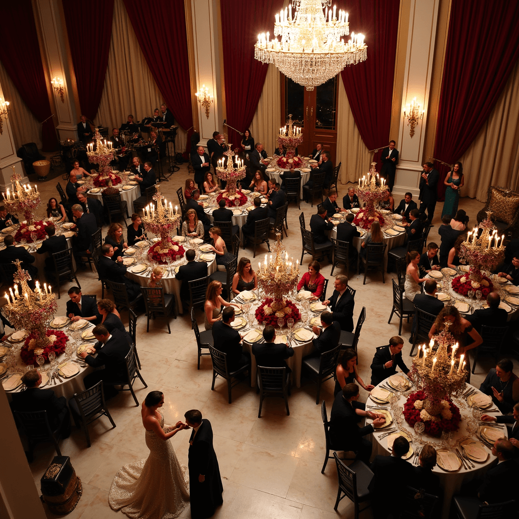 An opulent masquerade ball for a 90th birthday, featuring a grand ballroom with ornate chandeliers, marble floors, and draped burgundy velvet windows. Guests in elegant attire and masks mingle by a champagne tower, with round tables set with gold chargers and jewel-toned floral centerpieces. A string quartet performs while the guest of honor, in a beaded gown and feathered mask, greets well-wishers near a gilded throne.