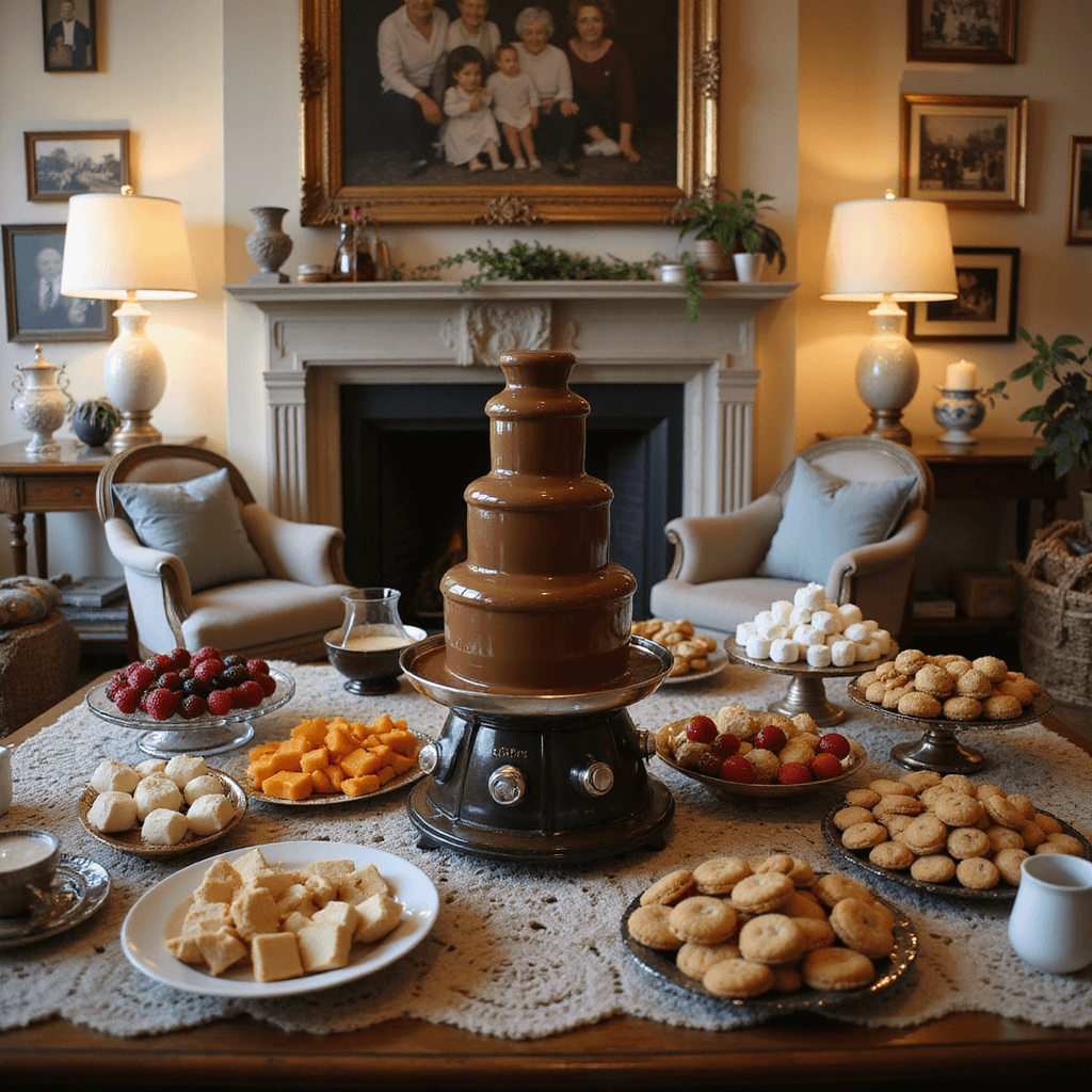 A cozy living room set for a 90th birthday celebration, featuring a lavish sweets table with a tiered chocolate fountain, platters of fruit and cookies, antique cake stands with petit fours and macarons, and a hot cocoa bar with vintage mugs. Soft lighting from lanterns and a crackling fireplace enhance the warm ambiance.