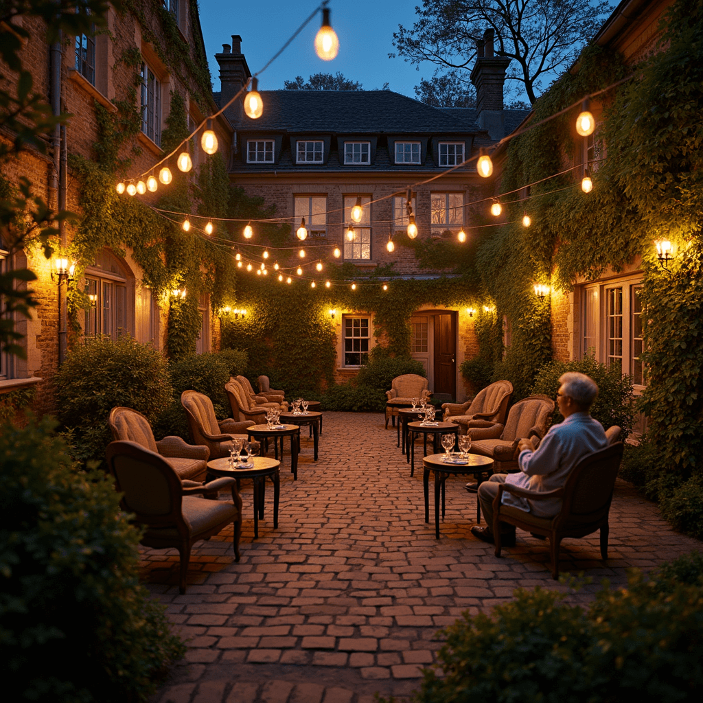 A twilight courtyard set up for a 90th birthday celebration, featuring fairy lights, paper lanterns, vintage armchairs, low tables with record players, and a jazz trio on stage, with projected black and white photos creating a nostalgic atmosphere. Guests enjoy drinks from cut-crystal glasses while reminiscing.