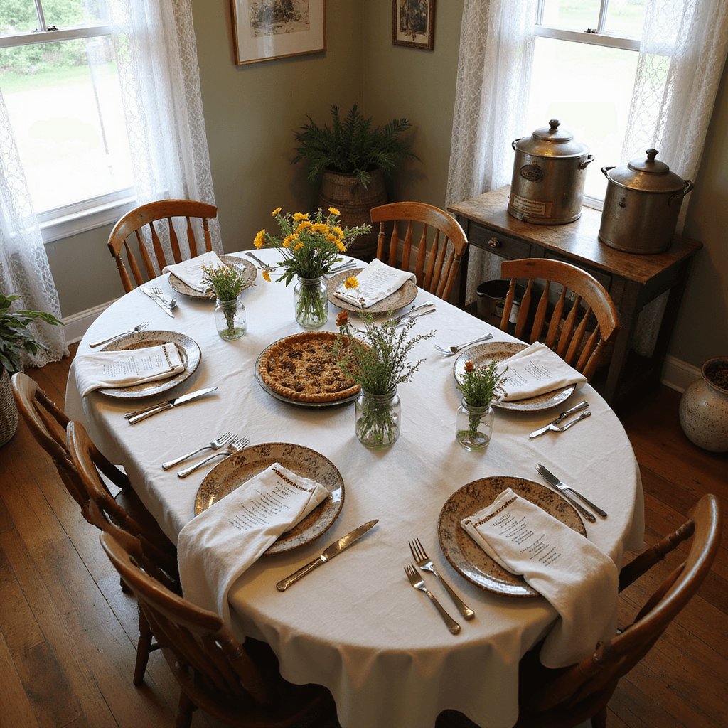 A beautifully set farmhouse table for a 90th birthday comfort food feast, featuring crisp white linens, hand-thrown pottery plates, and mason jar centerpieces filled with wildflowers. A rustic pie stand displays golden pecan pies, with a nearby cart holding steaming urns of cider and coffee, all softly illuminated by natural light through lace curtains.