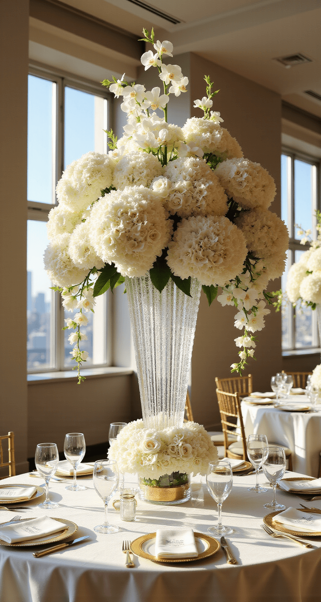 A luxurious hotel ballroom bathed in soft afternoon light, showcasing towering white floral centerpieces on ivory silk-draped round tables, along with gold-rimmed place settings and champagne glasses, all captured in a sweeping wide angle.