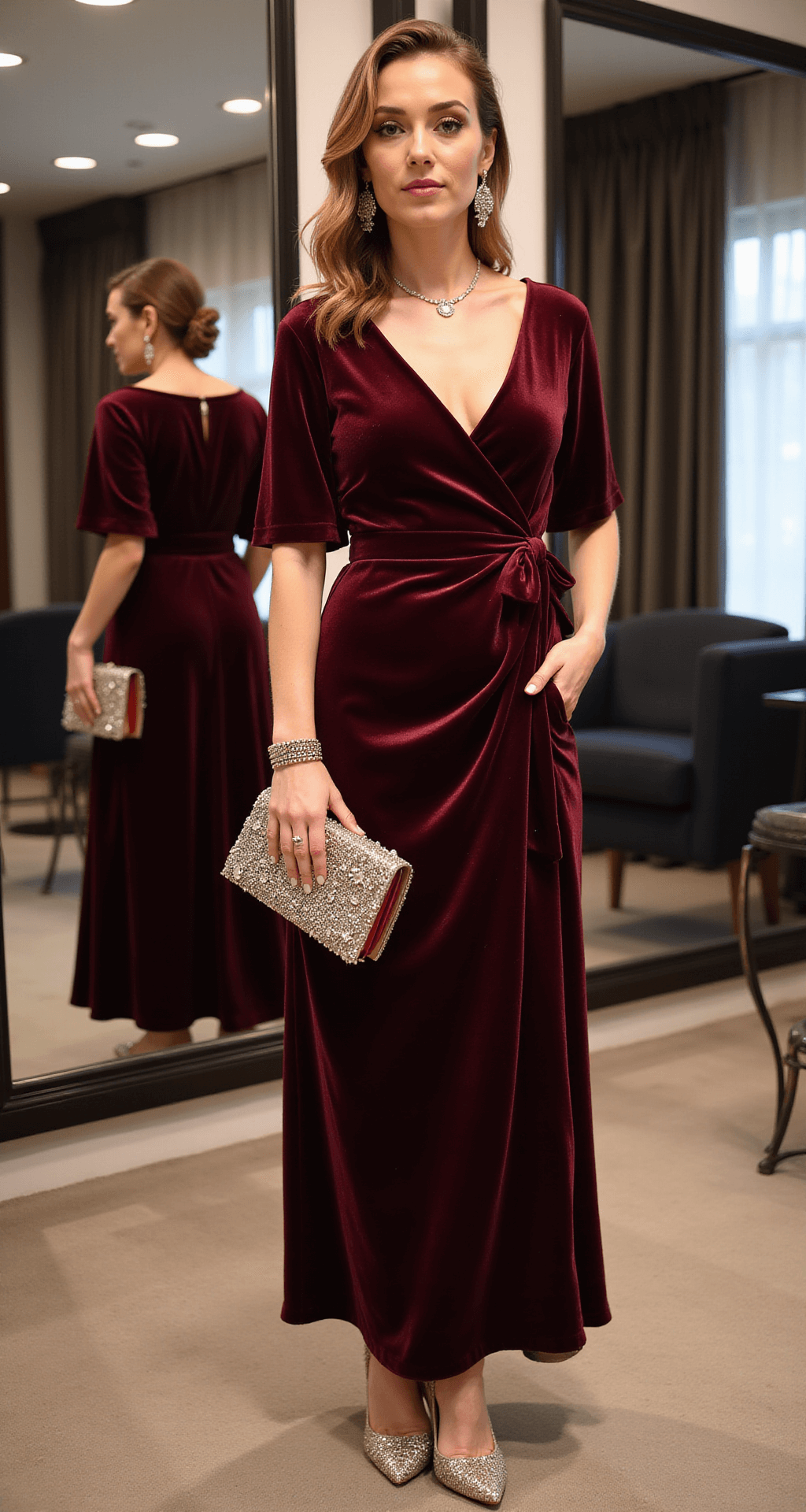A modern dressing room with floor-to-ceiling mirrors displaying a rich burgundy velvet wrap dress, crystal-embellished pumps, a vintage-inspired evening bag, and art deco jewelry, all illuminated by warm lighting that accentuates the luxurious fabric texture.