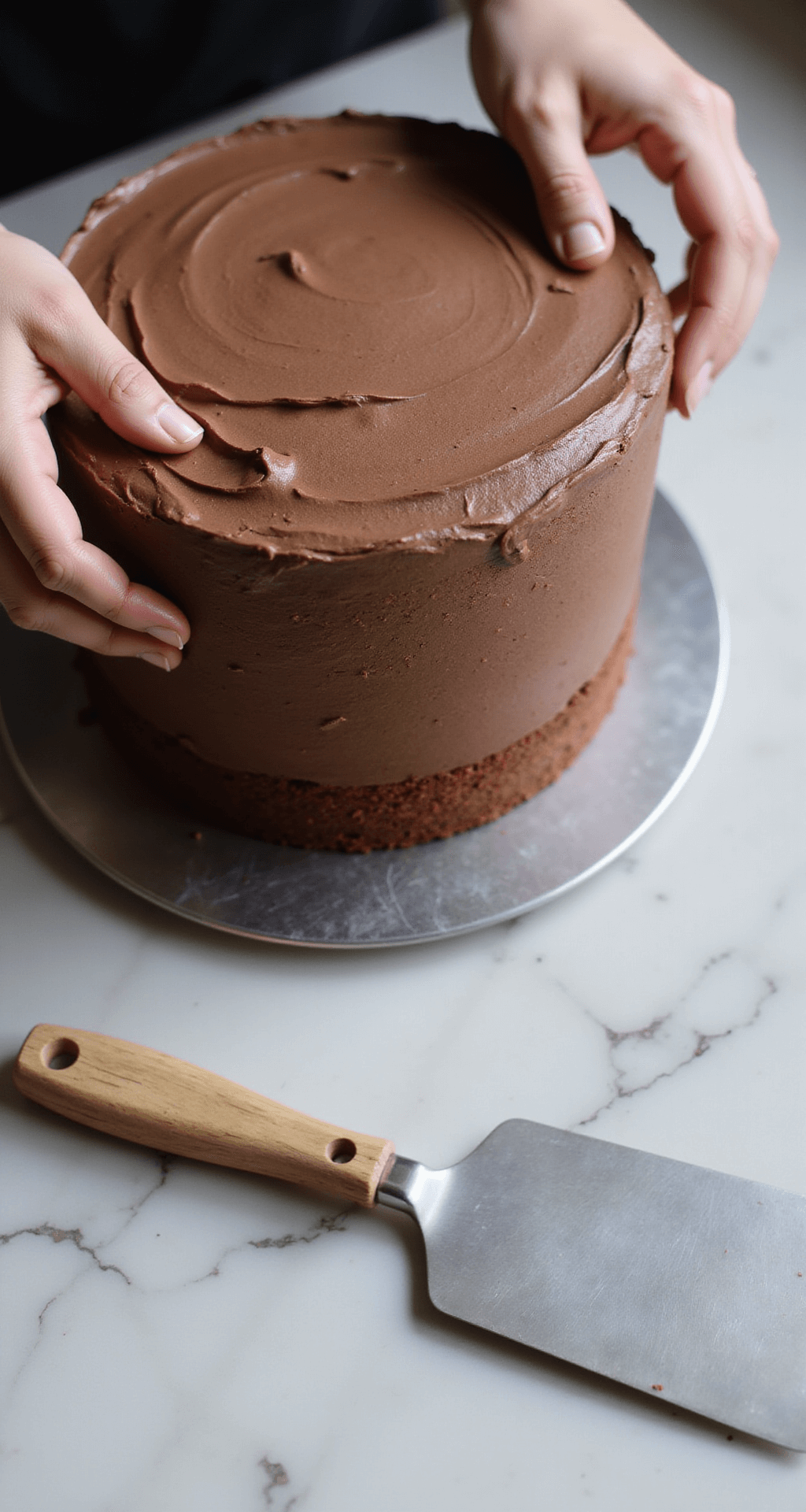 Close-up of hands applying chocolate buttercream to a layered cake on a metallic turntable, with soft lighting showcasing the frosting's texture, alongside professional tools on a marble countertop.