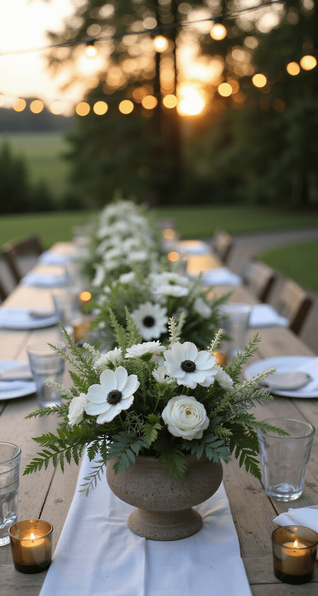 Intimate garden ceremony at golden hour featuring low centerpieces of white anemones and ranunculus in weathered stone vessels, vintage wooden farm tables with gauzy runners and mercury glass votives, and soft bokeh from overhead string lights.