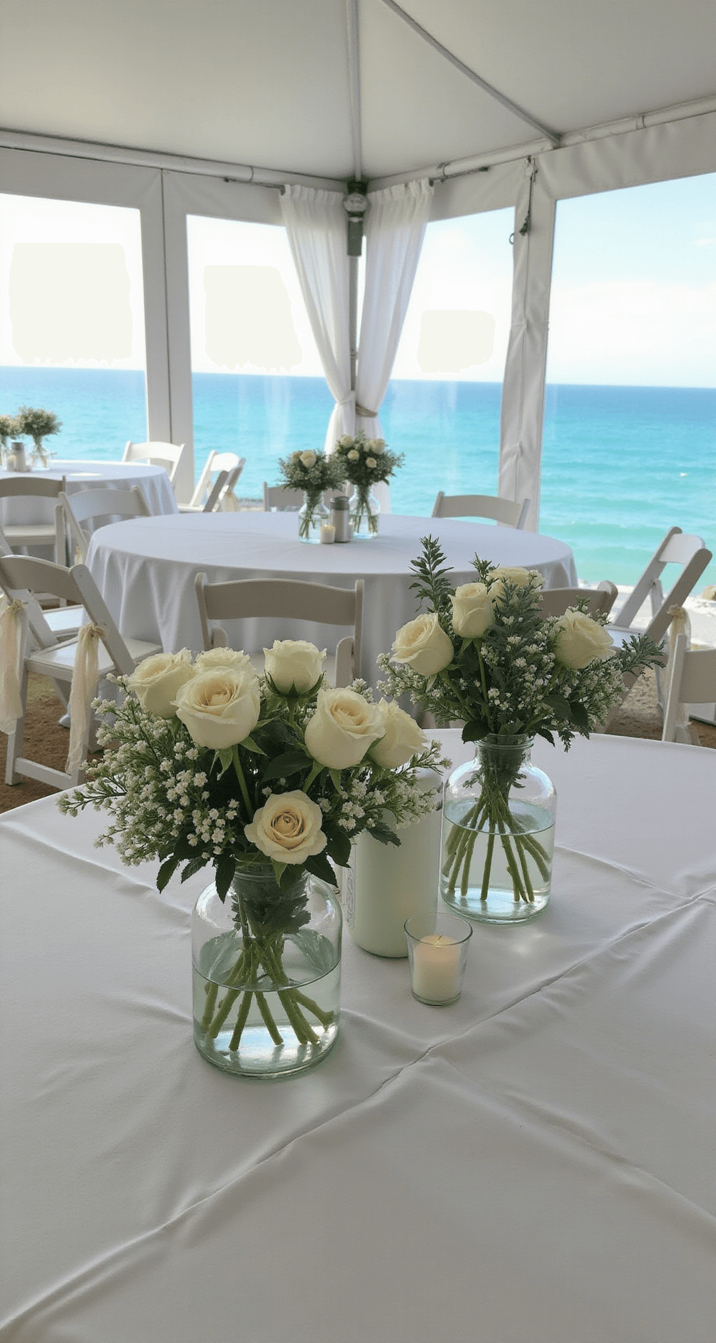 A breezy seaside tent reception with vintage milk glass arrangements of white roses, baby's breath, and silver dollar eucalyptus, featuring clear tent panels revealing a cerulean ocean, white wooden chairs with gauzy ties, and natural light creating soft shadows.