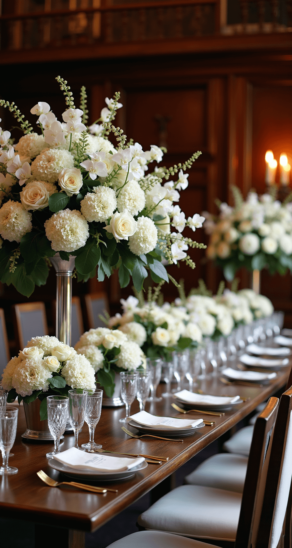 A luxurious winter wedding setup in a historic mansion library, featuring dramatic all-white floral arrangements in silver compotes, deep mahogany tables, crystal candelabras, and white velvet chairs, all illuminated by warm candlelight reflecting off dark wood paneling.