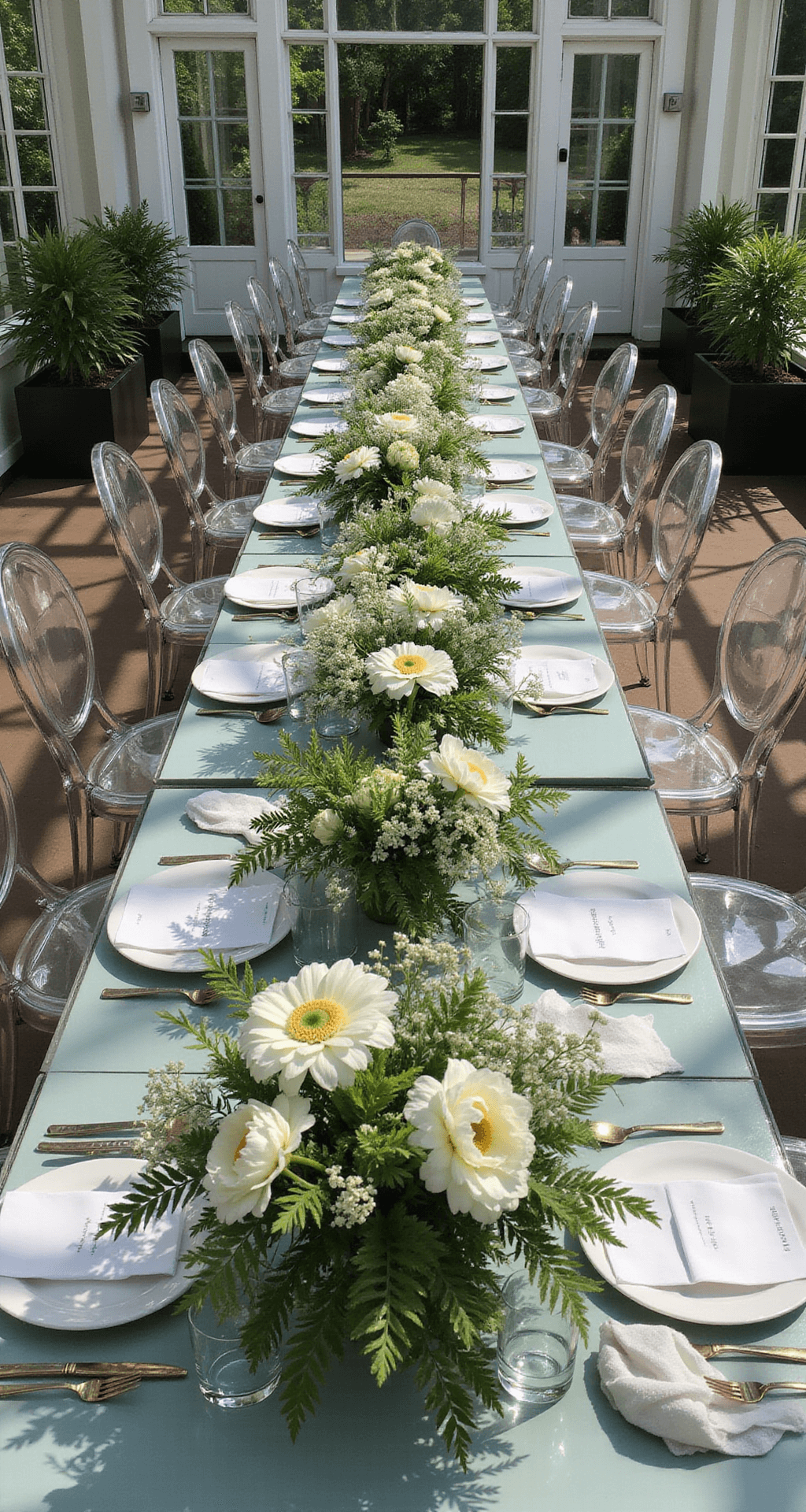 Aerial view of a greenhouse venue with long glass tables adorned with meadow-inspired floral arrangements of white ranunculus, anemones, and ferns in clear vases, illuminated by sunlight streaming through the glass ceiling, featuring ghost chairs and modern metallic accents for an airy feel.