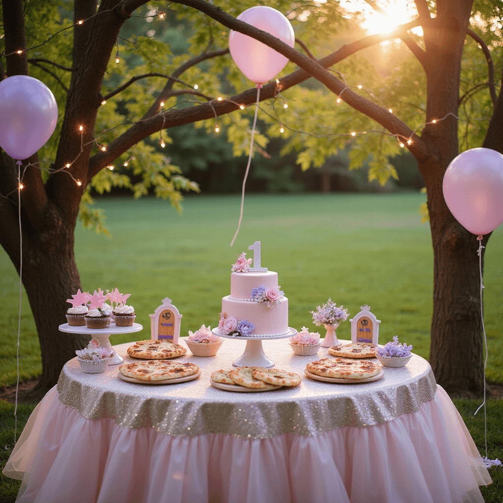 A whimsical fairy-themed first birthday party in a sunlit garden, featuring twinkling lights, a pastel pink tiered cake, star-shaped pizzas, glittery cupcakes, soft pink and lavender balloons, and decorative paper flowers. The scene is captured from a low angle during golden hour, emphasizing the magical atmosphere.