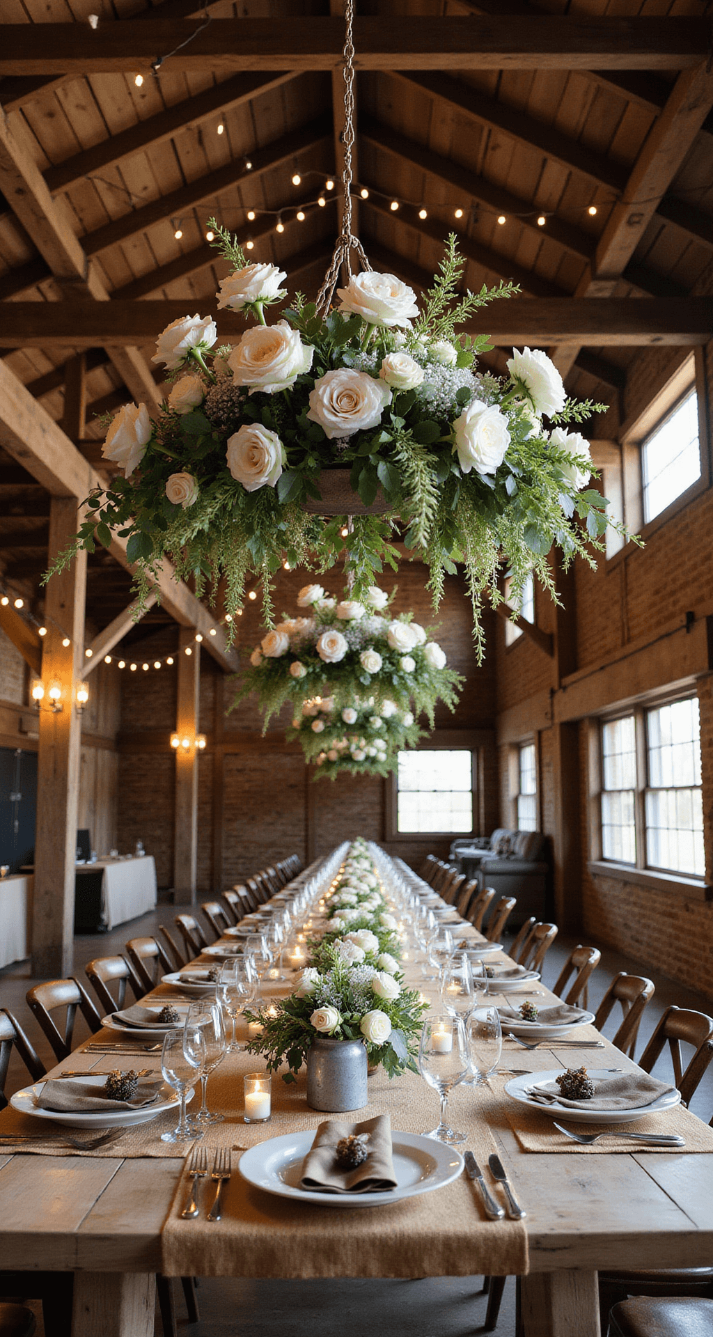 A rustic barn reception featuring an enchanted ceiling adorned with suspended floral installations of white garden roses, spray roses, and eucalyptus. Farm tables are set with low arrangements in weathered metal vessels, burlap runners, and taper candles. Ambient lighting is created by fairy lights and vintage chandeliers in a wide cinematic shot that showcases the vertical drama of the space.