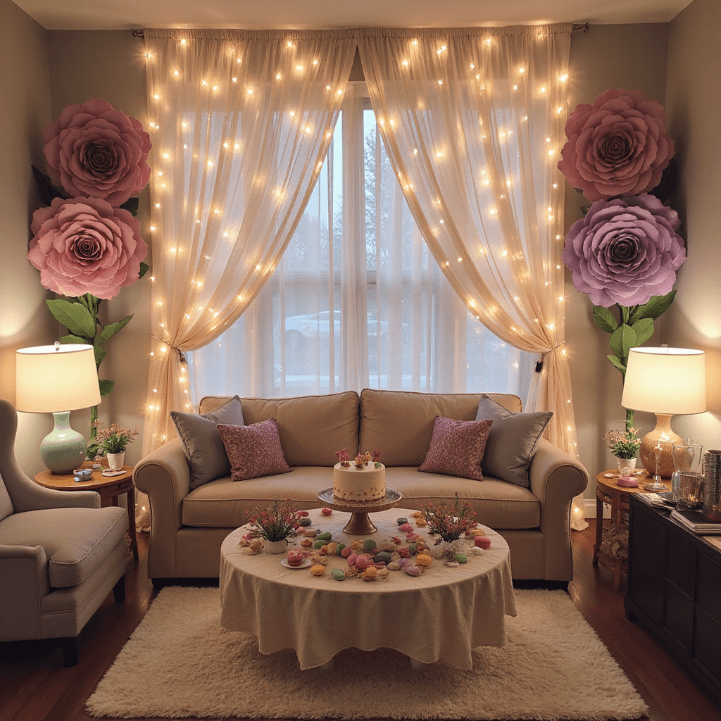 A cozy living room transformed into a fairy wonderland for a first birthday, featuring gossamer curtains with twinkling lights, a low table with pastel macarons and a glittery cake topper, oversized paper flowers on the walls, and a pixie punch station with iridescent glasses, all illuminated by soft lamp lighting and scattered candles.