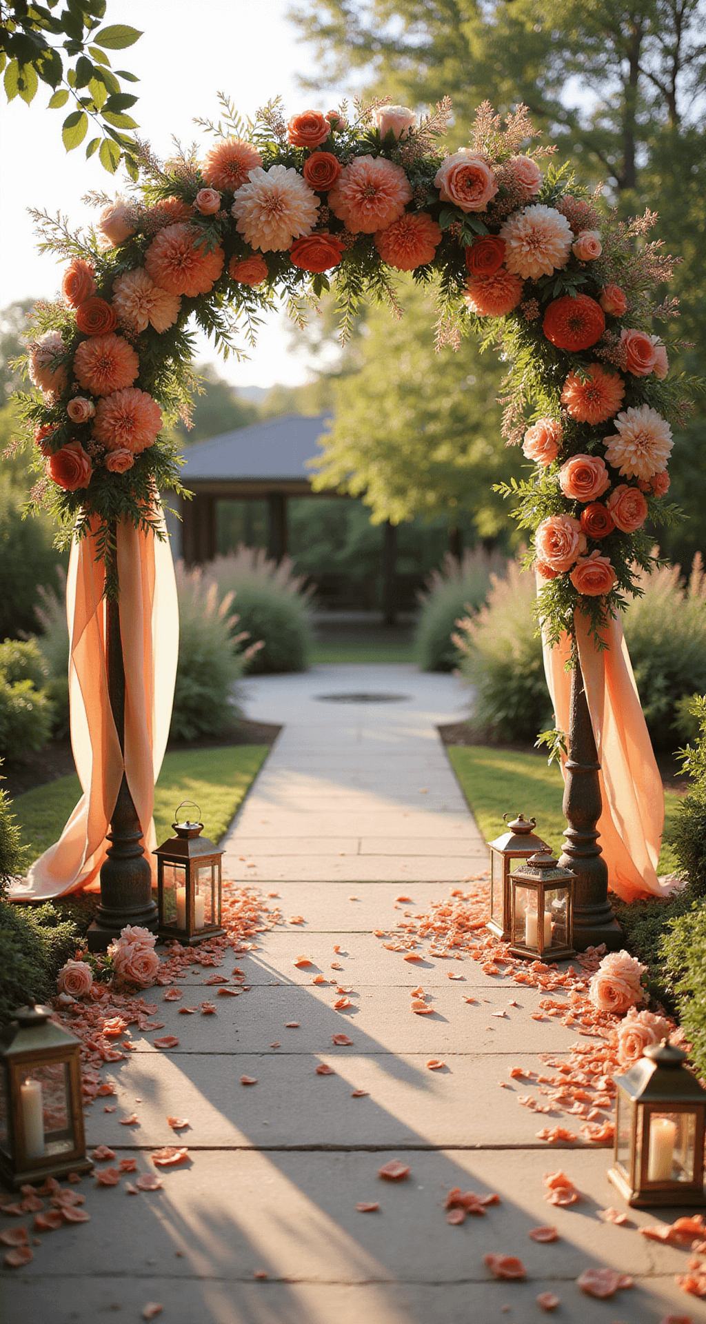 A picturesque garden wedding ceremony setup at golden hour, featuring an ornate arch adorned with coral charm peonies, sunset-hued dahlias, and blush and peach garden roses, along with silk chiffon ribbons, vintage brass lanterns filled with ranunculus and spray roses, and a natural stone pathway scattered with rose petals.