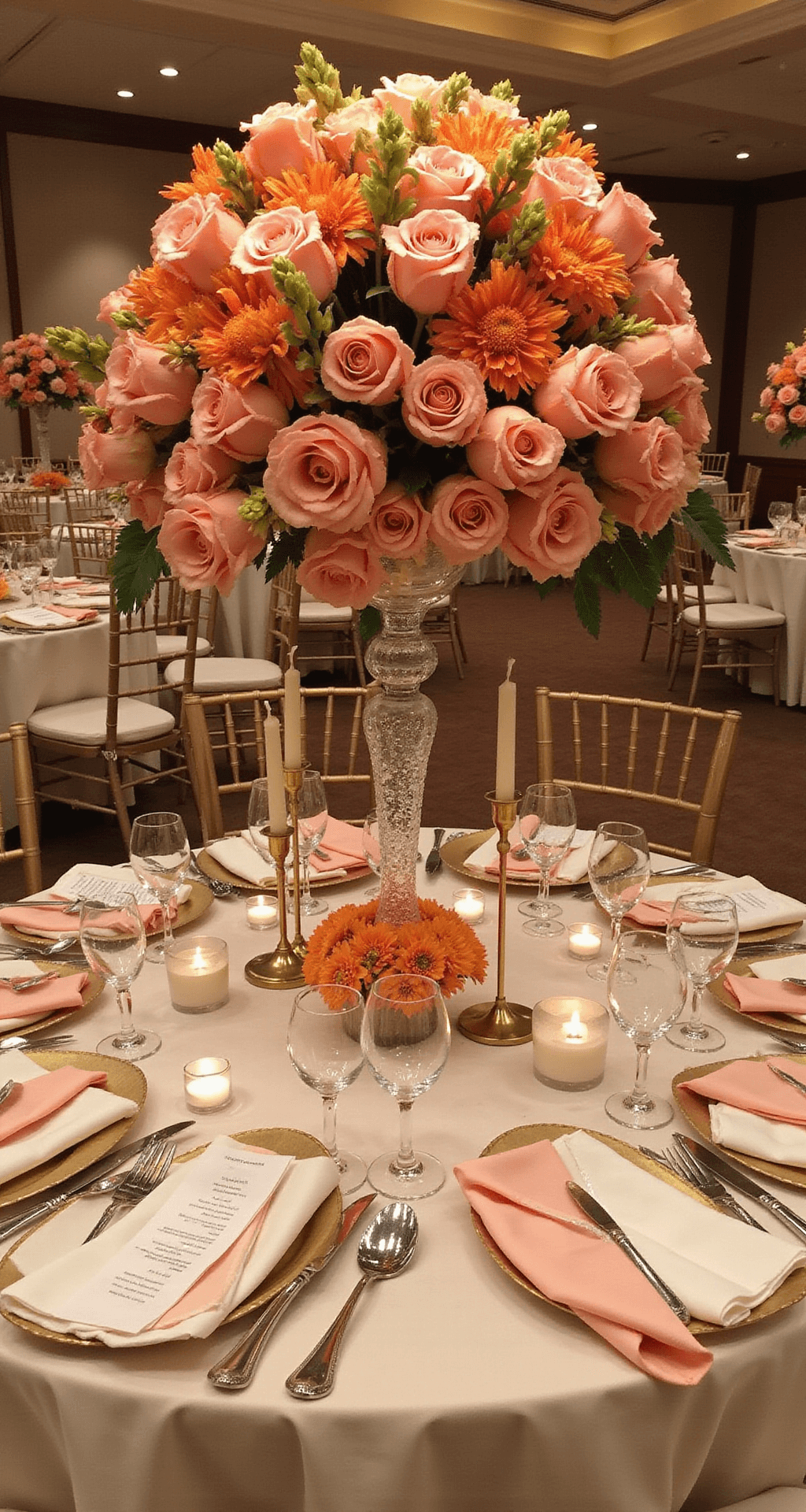 Elegant ballroom reception table adorned with ivory silk linens, featuring a dramatic tiered centerpiece of ombré garden roses and calla lilies, crystal candlesticks, gold-rimmed chargers, and warm uplighting.