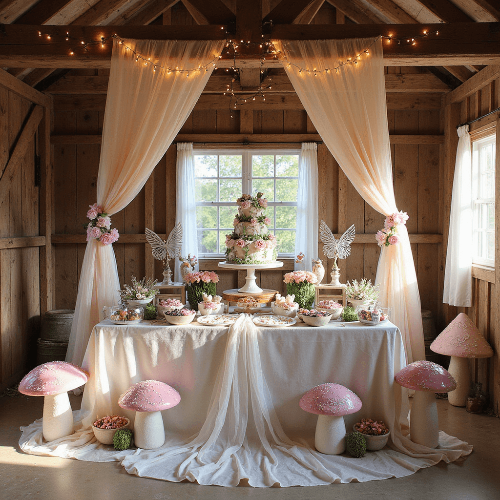 A whimsical fairy birthday celebration in a rustic barn with flowing blush and cream fabrics, fairy lights, a dessert table with a whimsical cake and candy forest, a wing-decorating station, oversized paper flowers, and painted wooden toadstools, all illuminated by natural light from the barn windows.