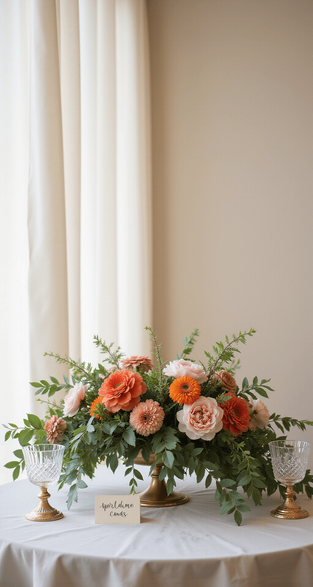 Intimate sweetheart table featuring a lush floral arrangement of coral charm peonies, burnt orange dahlias, and dusty pink carnations on a marble surface, with vintage crystal vessels and hand-calligraphed place cards, framed by sheer drapery against a cream backdrop.