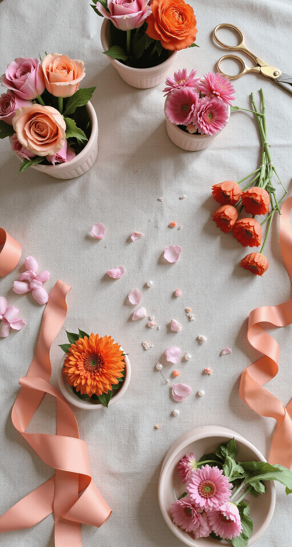 Overhead view of a bridal bouquet preparation station featuring organized vessels with pink and orange blooms, including garden roses, tulips, and ranunculus. Surrounding the natural linen surface are coral, blush, and peach ribbon samples, vintage brass scissors, floral tape, and pearl-headed pins, illuminated by soft natural light.