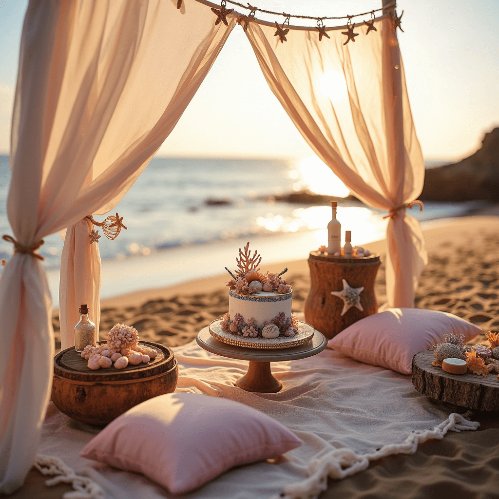 A magical beach birthday party at golden hour featuring a picnic setup with blush pink cushions, driftwood and seashell decor, an iridescent mermaid-fairy cake, a DIY fairy dust station, and sheer canopy billowing with starfish and fairy lights, set against a shimmering ocean backdrop.