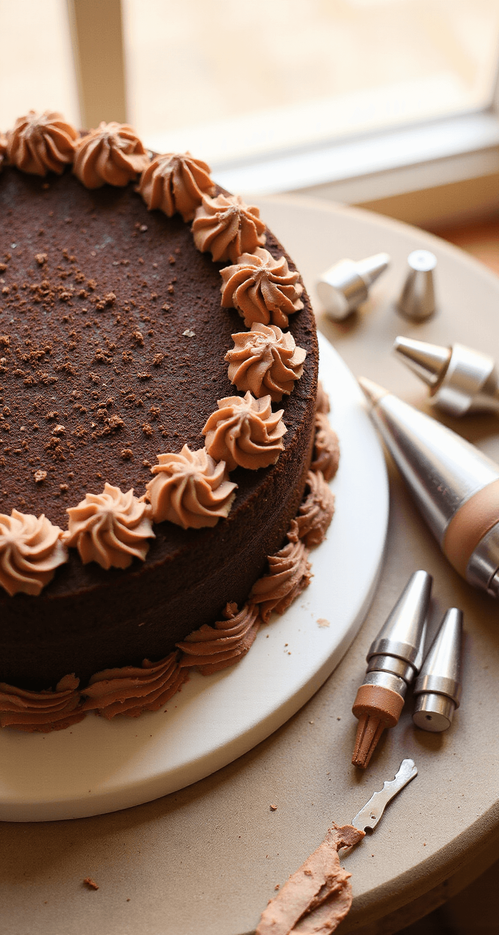 Overhead view of a beautifully decorated chocolate birthday cake with intricate shell borders, star tip decorations, fresh chocolate shavings, and rosettes under warm afternoon light, accompanied by a piping bag and cake turntable.