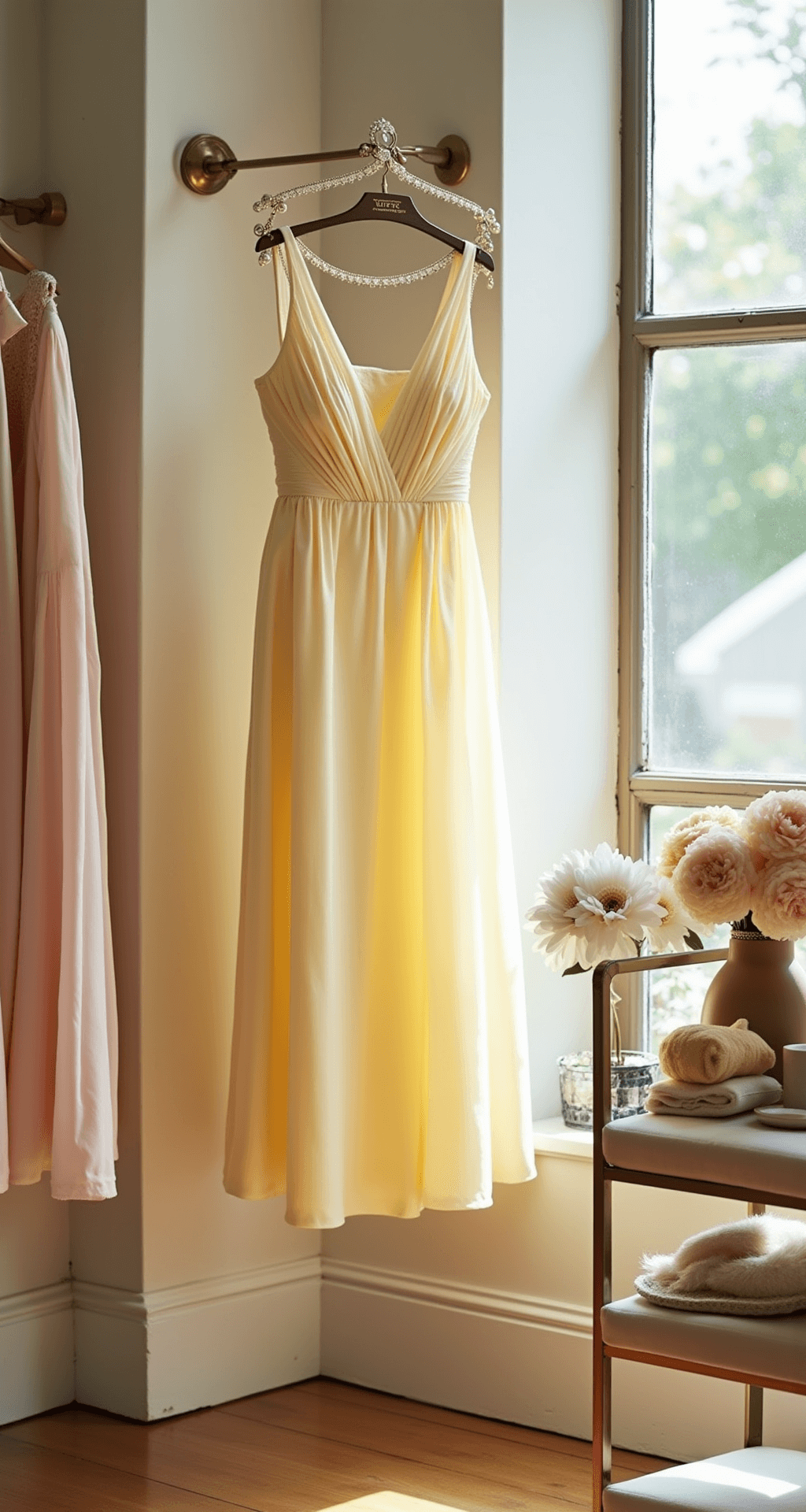A bright boutique interior featuring a pastel yellow midi dress on a brass rack, paired with nude block heels and a pearl headband, alongside blush and cream accessories, all illuminated by afternoon light.