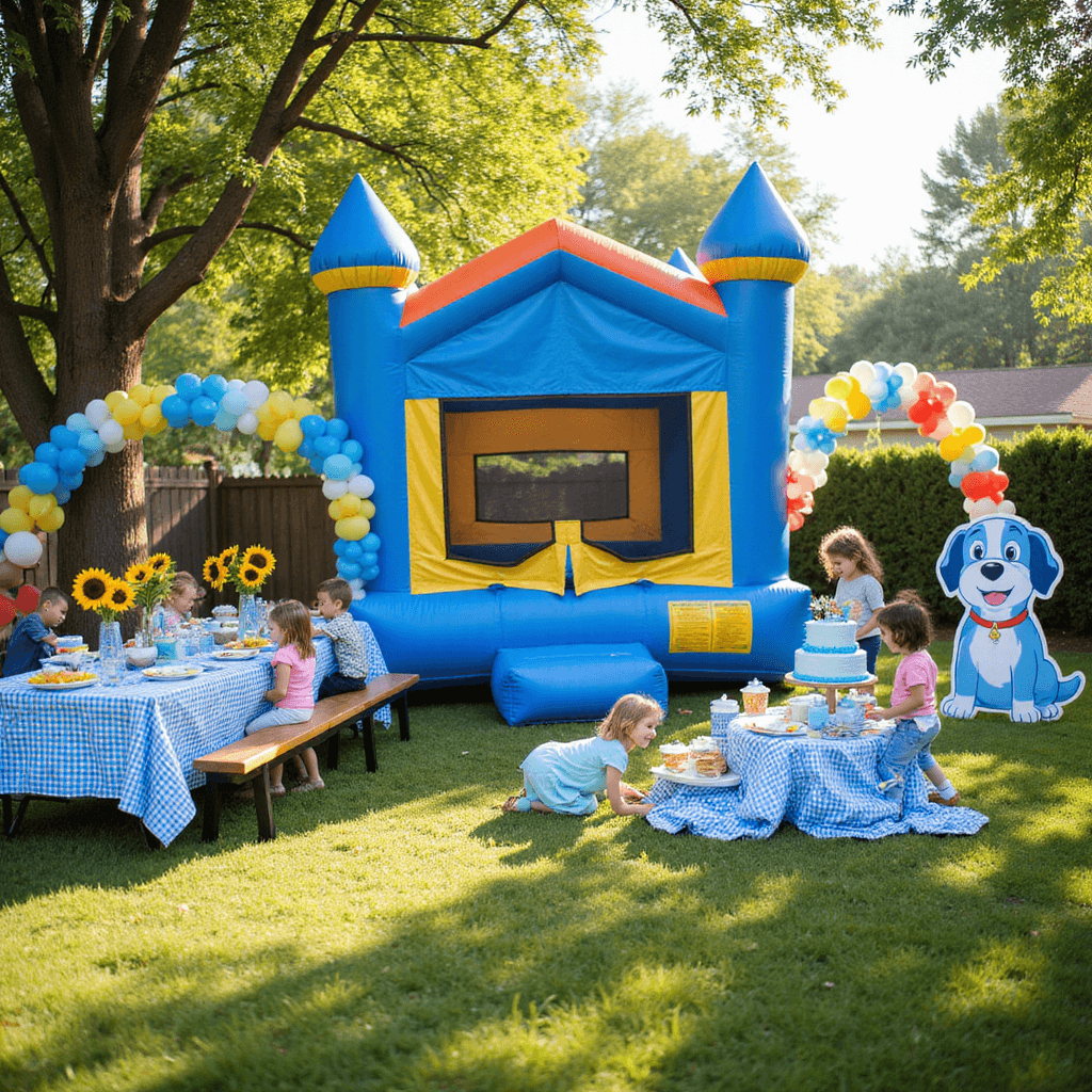 A whimsical Bluey-themed birthday party in a sun-drenched backyard with a blue bounce house, colorful balloon arches, tables with Bluey plush toy centerpieces, a dessert table featuring a Bluey house cake and striped cupcakes, and children playing pin-the-tail on Bluey.