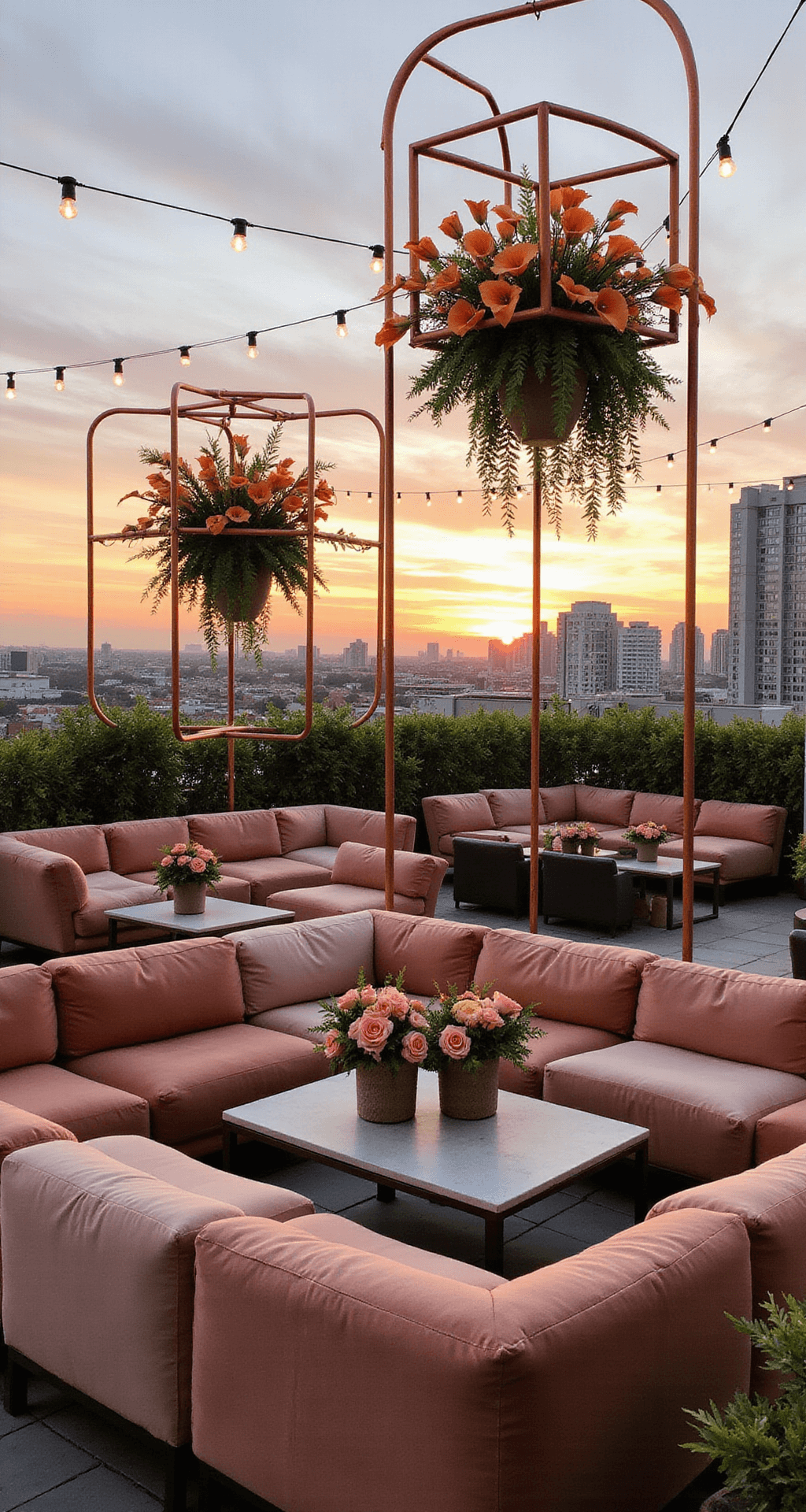 A modern rooftop venue at sunset with lounge seating clusters surrounded by floral installations in copper frames, showcasing orange calla lilies and pink garden roses. Low coffee tables with small floral arrangements, plush dusty rose velvet seating, and a city skyline under twinkling bistro lights in the background.